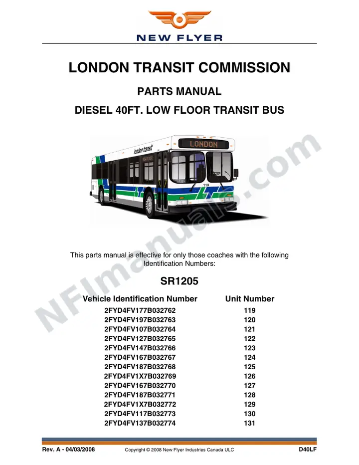 SR1205 Parts Manual, London Transit Commission first-page preview