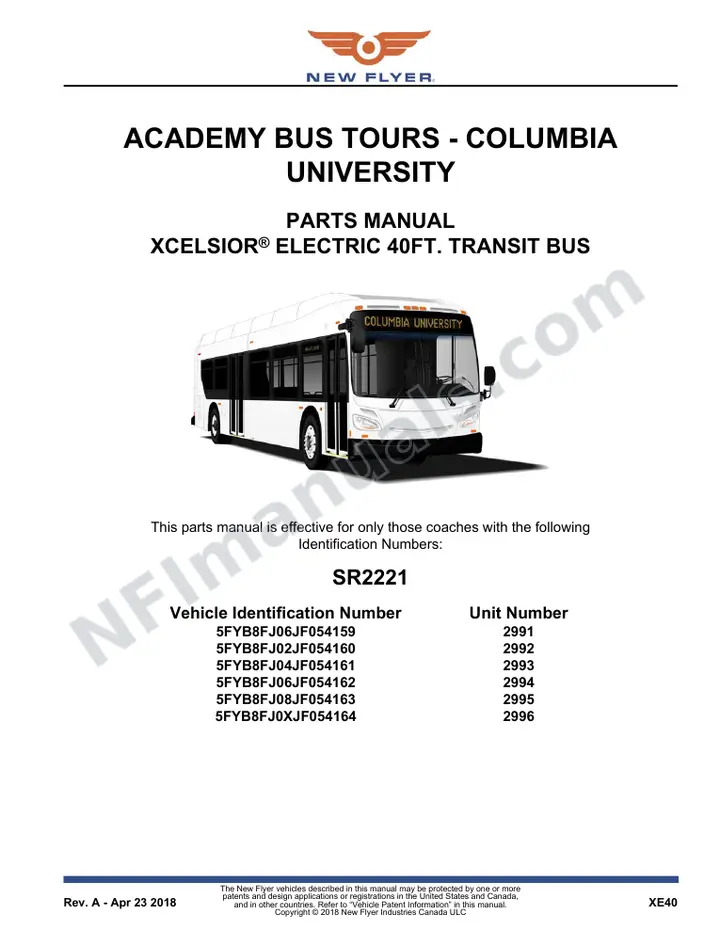 SR2221 Parts Manual, Academy Bus Tours - Columbia University first-page preview