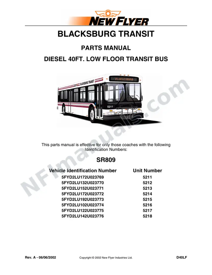 SR809 Parts Manual, Blacksburg Transit first-page preview