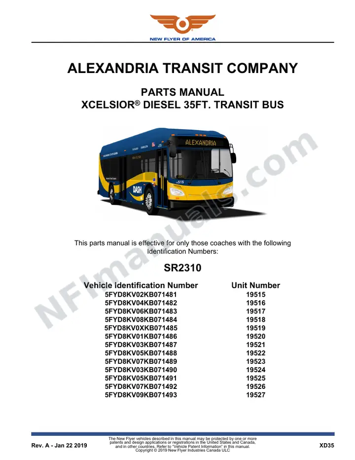 SR2310 Parts Manual, Alexandria Transit Company first-page preview
