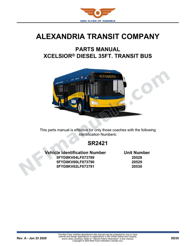 SR2421 Parts Manual, Alexandria Transit Company first-page preview