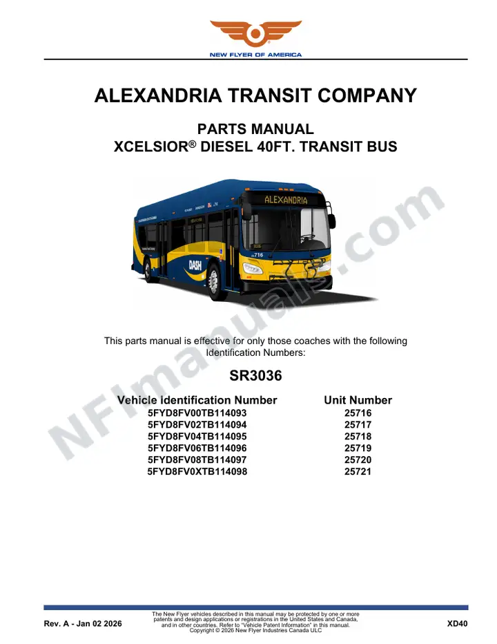 SR3036 Parts Manual, Alexandria Transit Company first-page preview