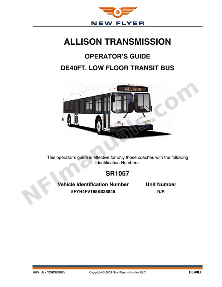 New Flyer DE40LF Manual Package - Allison Transmission included manual preview