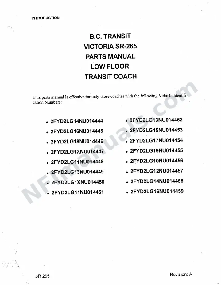 SR265 Parts Manual, BC Transit, Victoria first-page preview