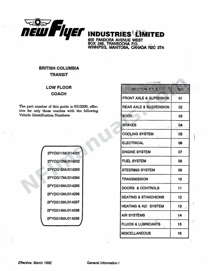 SR250 Service Manual, British Columbia Transit first-page preview