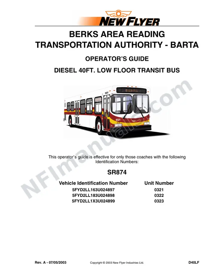 New Flyer D40LF Manual Package - Berks Area Reading Transportation Authority - BARTA included manual preview
