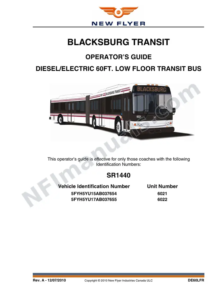 New Flyer DE60LFR Manual Package - Blacksburg Transit included manual preview