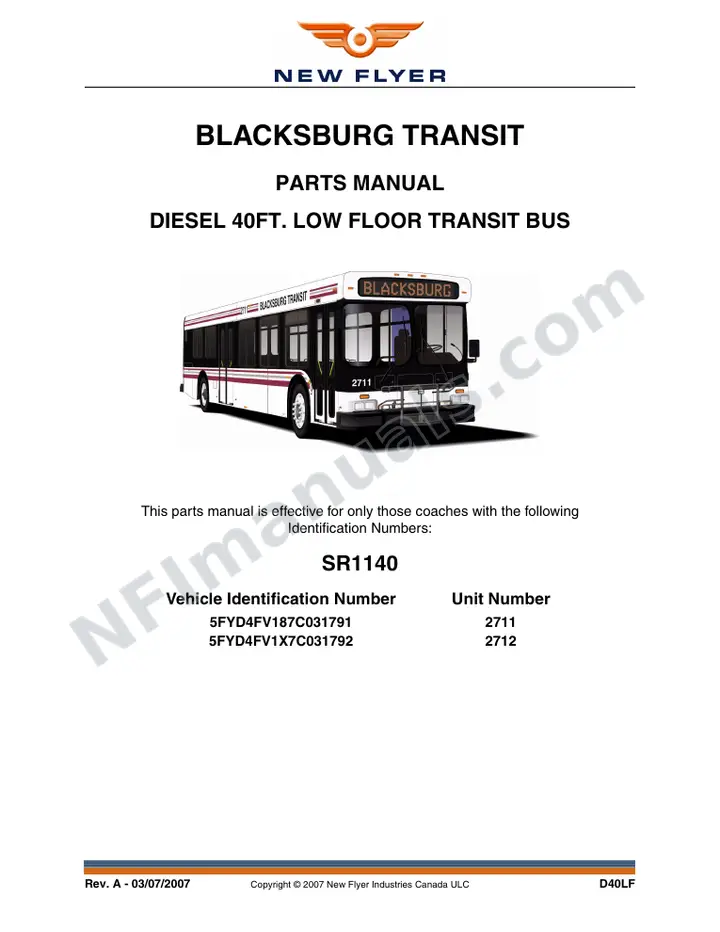 SR1140 Parts Manual, Blacksburg Transit first-page preview