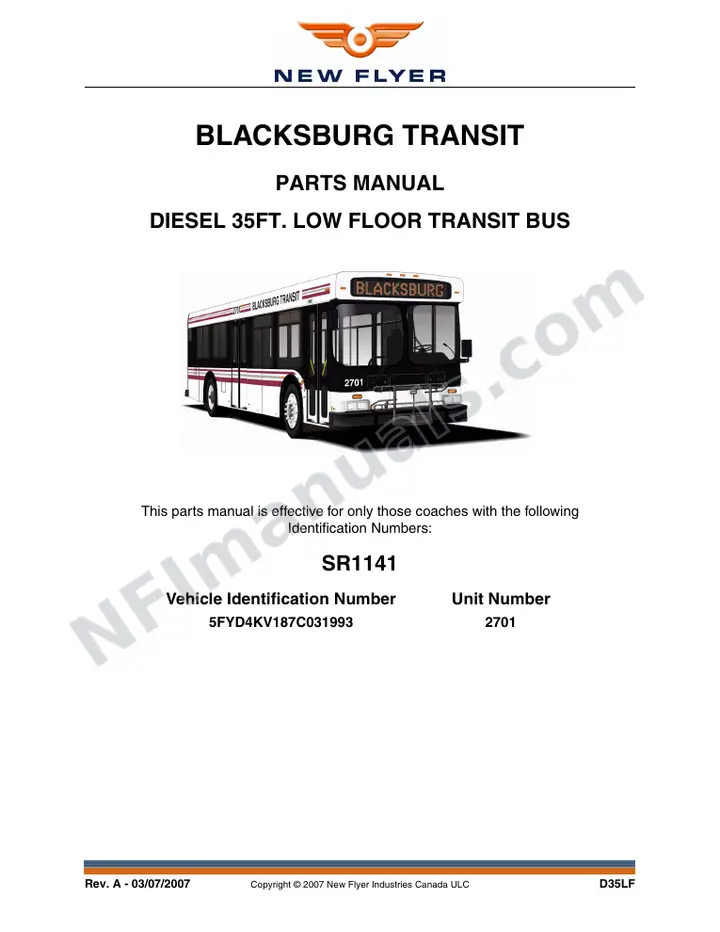 SR1141 Parts Manual, Blacksburg Transit first-page preview