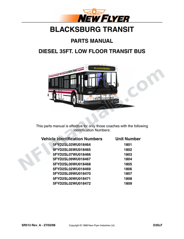 SR513 Parts Manual, Blacksburg Transit first-page preview