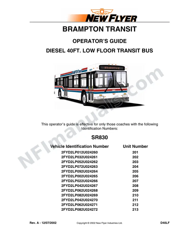 New Flyer D40LF Manual Package - Brampton Transit included manual preview