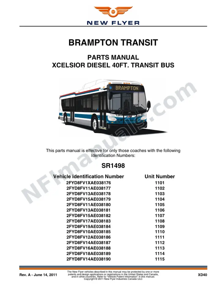 SR1498 Parts Manual, Brampton Transit first-page preview