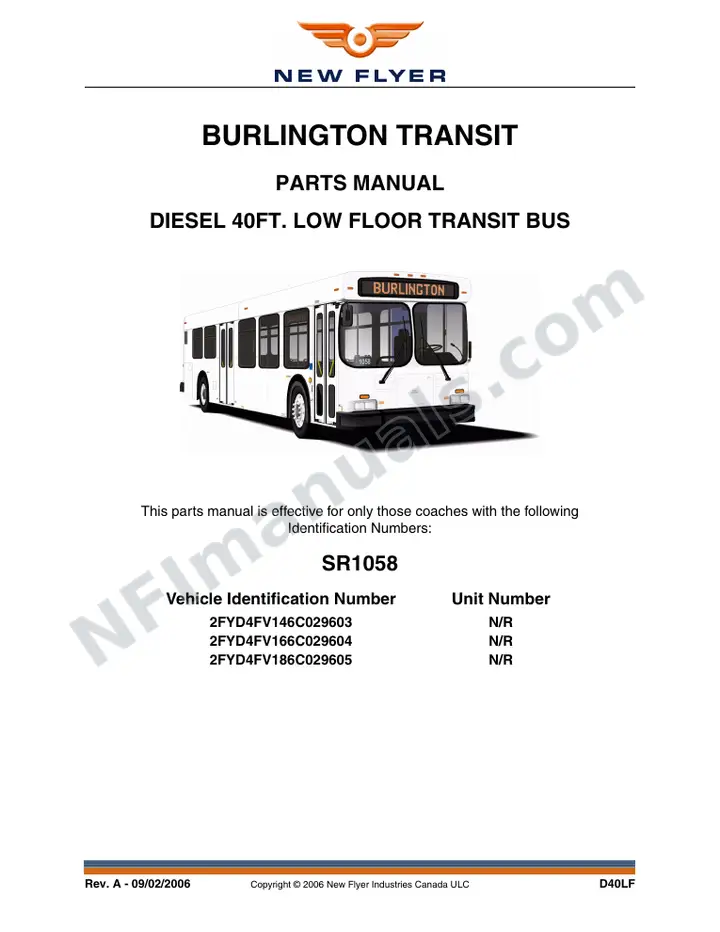 SR1058 Parts Manual, Burlington Transit first-page preview
