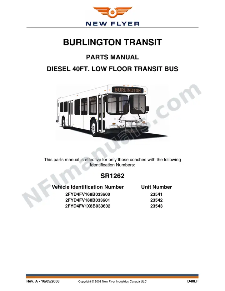 SR1262 Parts Manual, Burlington Transit first-page preview