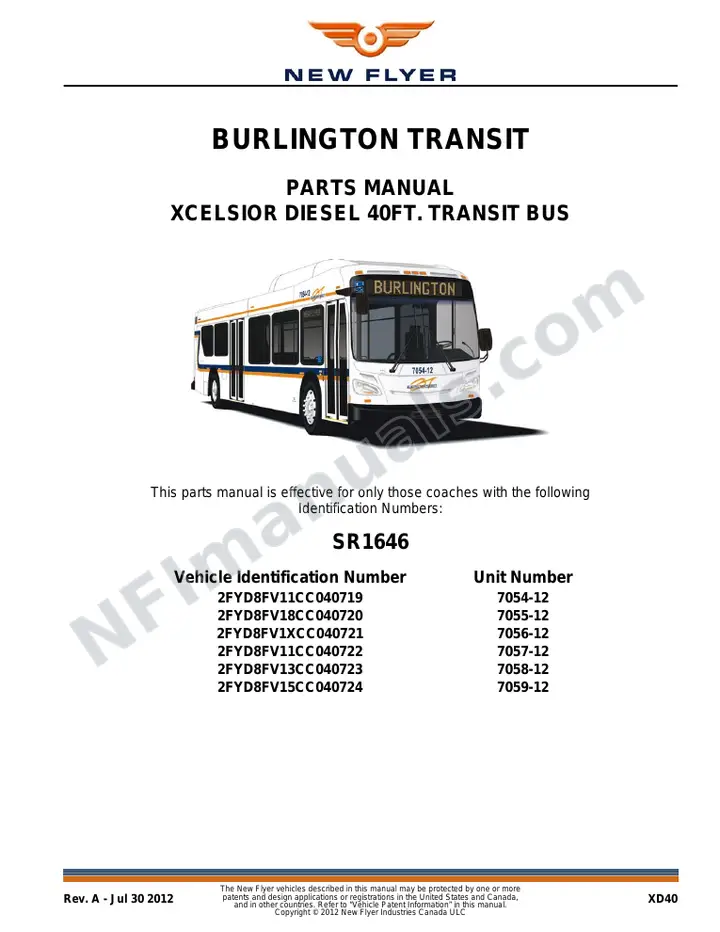 SR1646 Parts Manual, Burlington Transit first-page preview