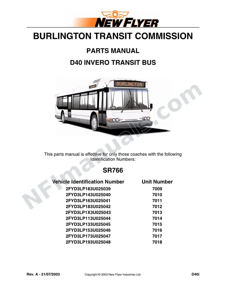 SR766 Parts Manual, Burlington Transit Commission first-page preview