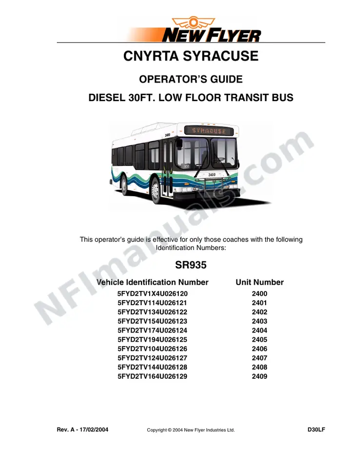 New Flyer D30LF Manual Package - CNYRTA - Syracuse included manual preview