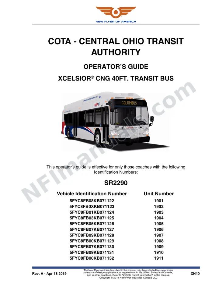 New Flyer XN40 Manual Package - COTA - Central Ohio Transit Authority included manual preview