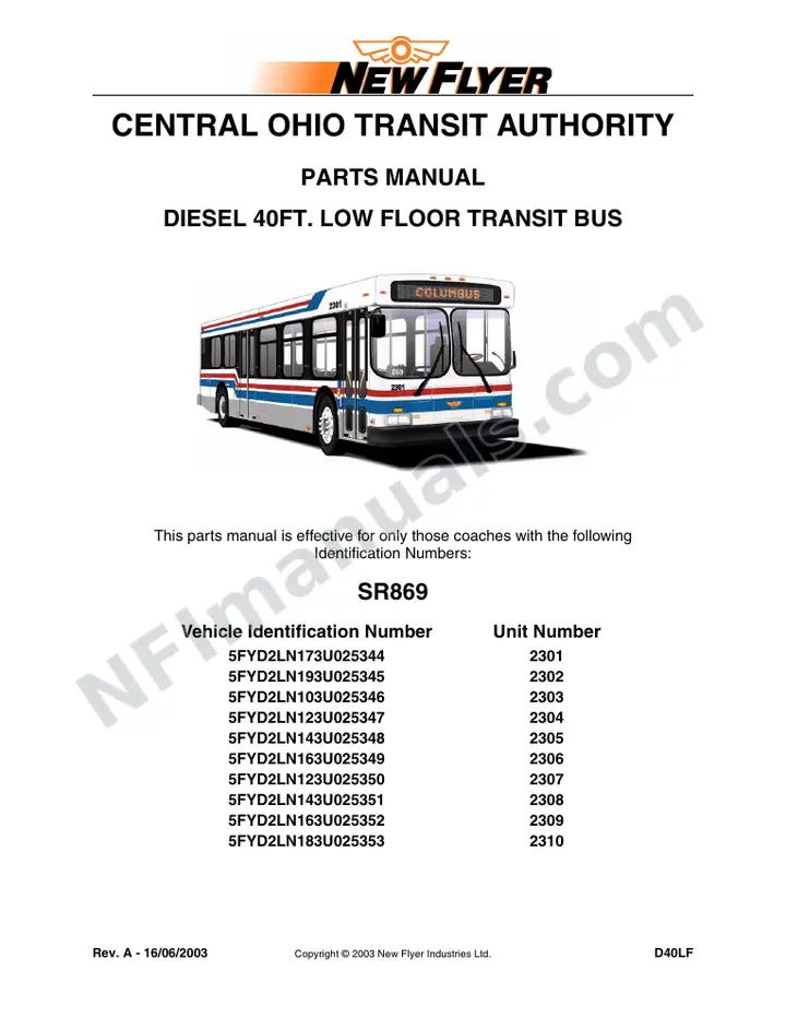SR869 Parts Manual, Central Ohio Transit Authority first-page preview