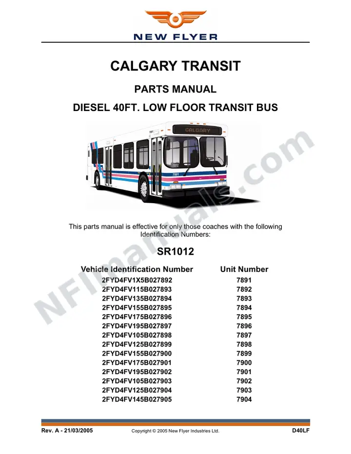 SR1012, Parts Manual, Calgary Transit first-page preview
