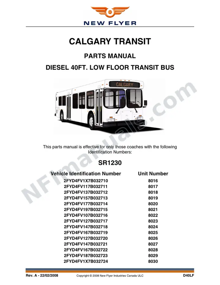 SR1230 Parts Manual, Calgary Transit first-page preview