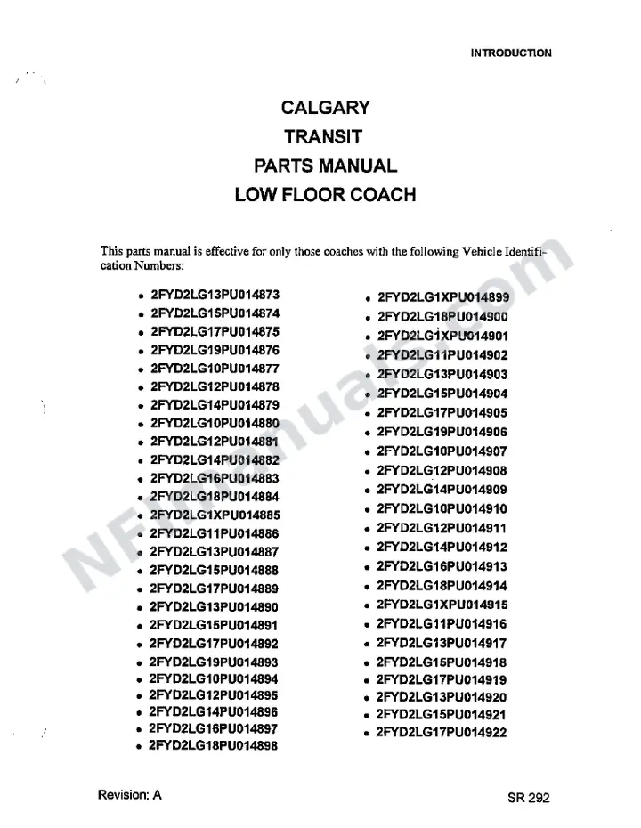 SR292 Parts Manual, Calgary Transit first-page preview