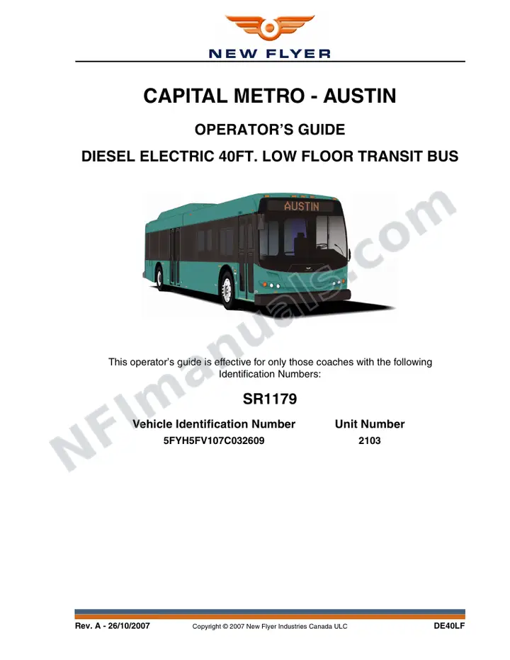 New Flyer DE40LF Manual Package - Capital Metropolitan - Austin included manual preview