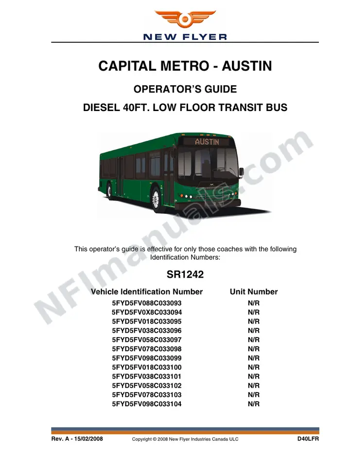 New Flyer D40LFR Manual Package - Capital Metropolitan - Austin included manual preview