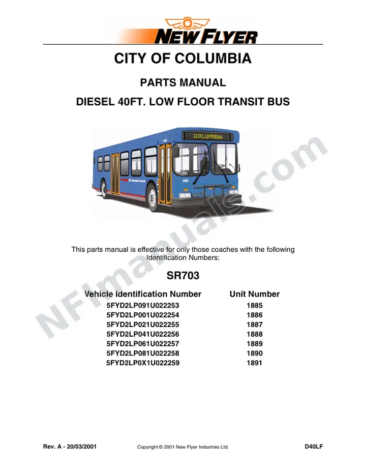 SR703 Parts Manual, City of Columbia first-page preview
