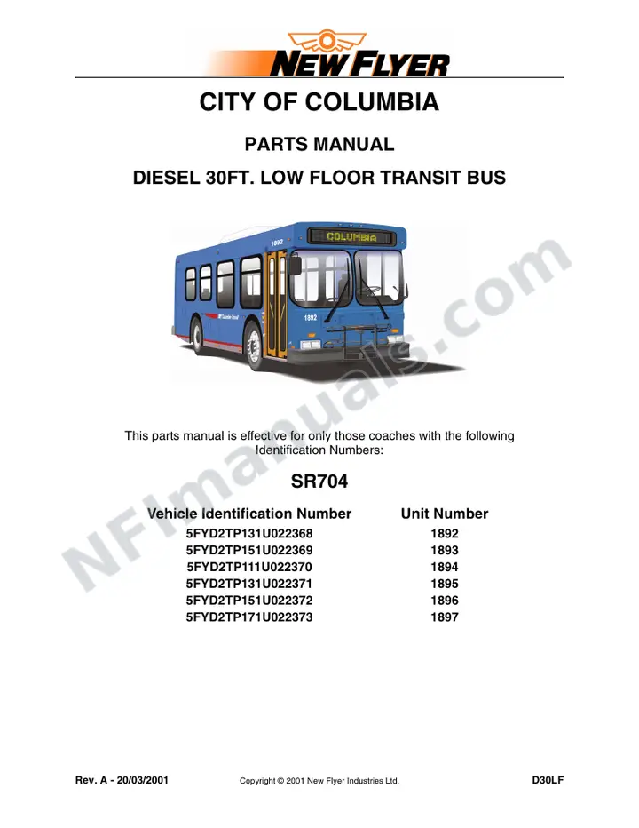SR704 Parts Manual, City of Columbia first-page preview