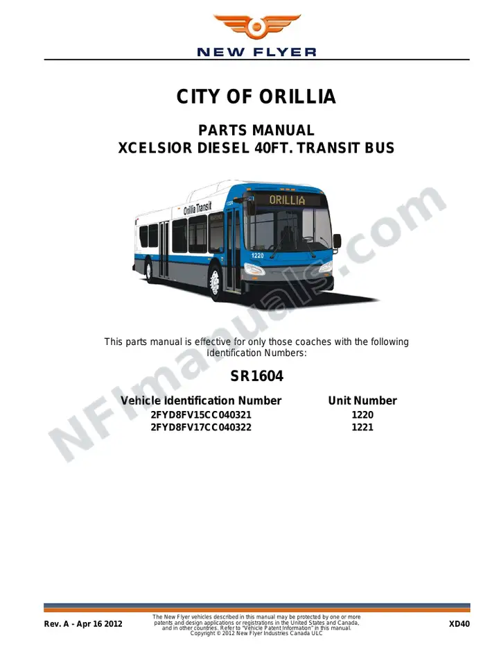 SR1604 Parts Manual, City of Orillia first-page preview
