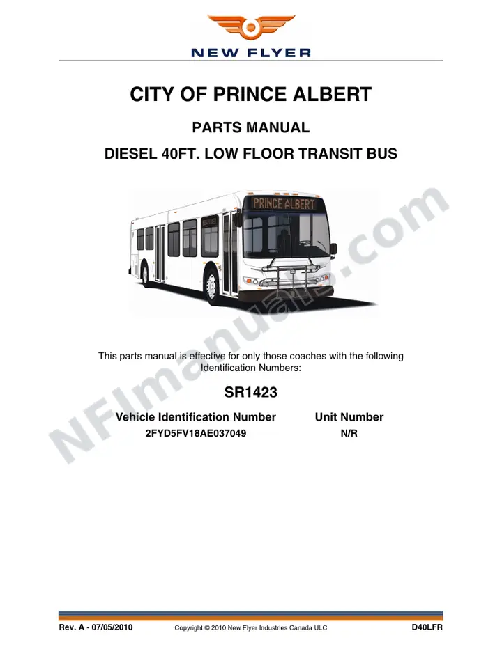 SR1423 Parts Manual, City of Prince Albert first-page preview