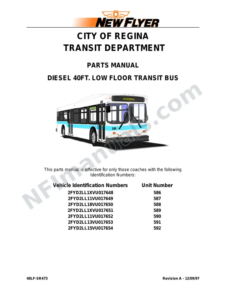 SR473 Parts Manual, City of Regina Transit Department first-page preview