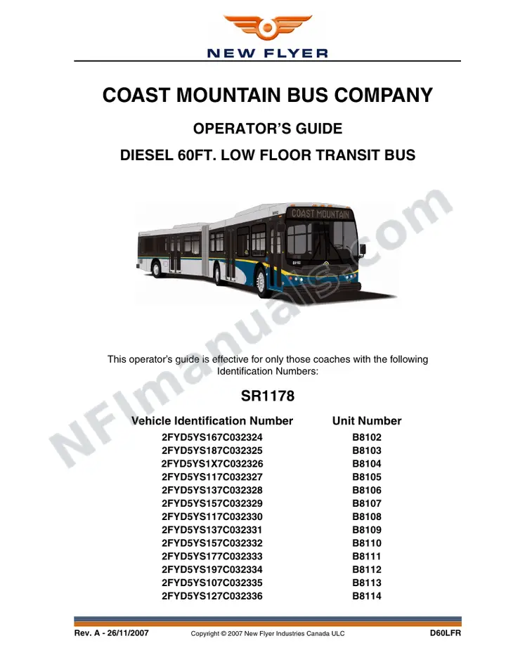 New Flyer D60LFR Manual Package - Coast Mountain Bus Company included manual preview