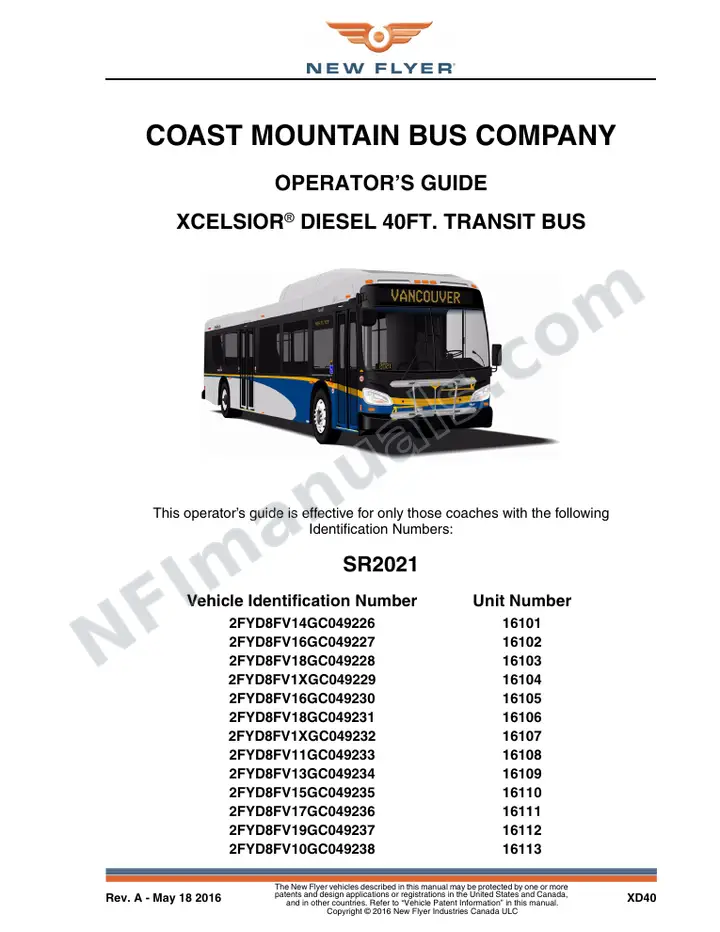 New Flyer XD40 Manual Package - Coast Mountain Bus Company included manual preview