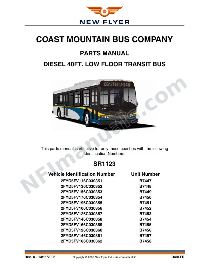SR1123 Parts Manual, Coast Mountain Bus Company first-page preview