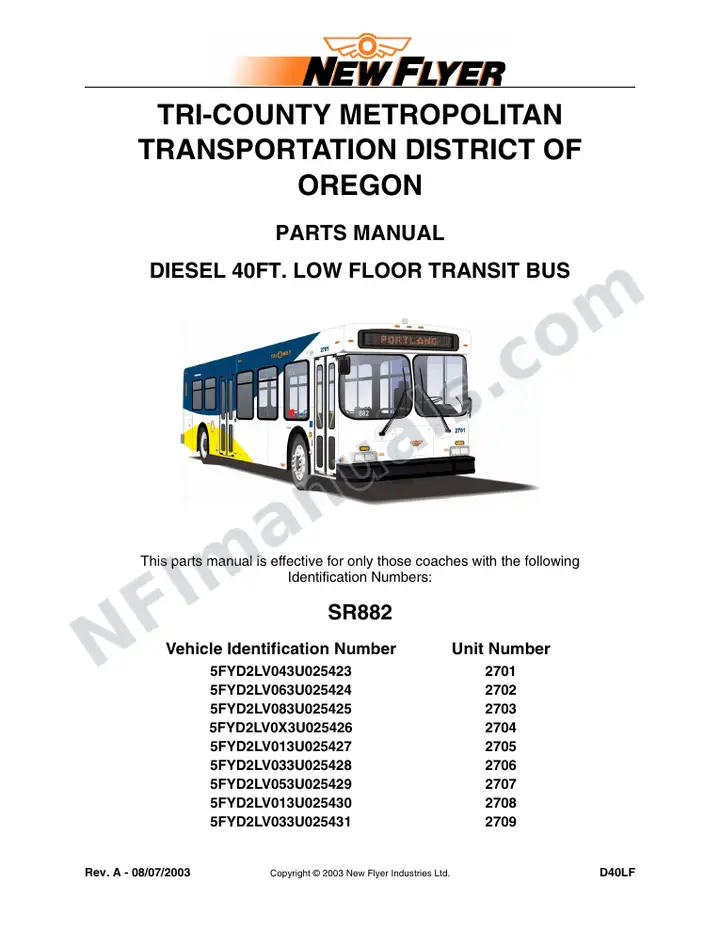 SR882 Parts Manual, Tri-County Metropolitan Transportation District of Oregon first-page preview