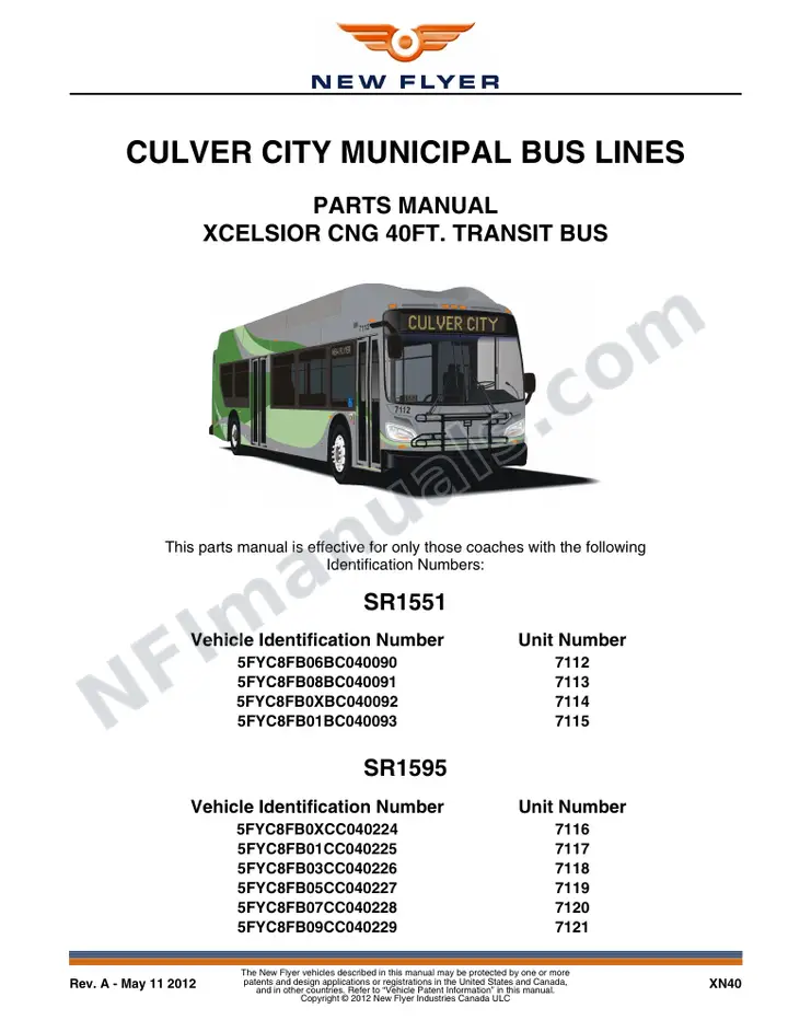 SR1551 Parts Manual, Culver City Municipal Bus Lines first-page preview