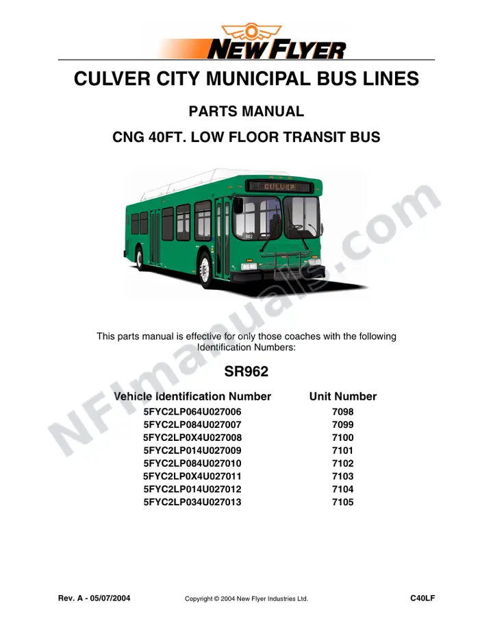 SR962 Parts Manual, Culver City Municipal Bus Lines first-page preview