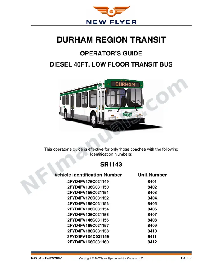 New Flyer D40LF Manual Package - Durham Region Transit included manual preview