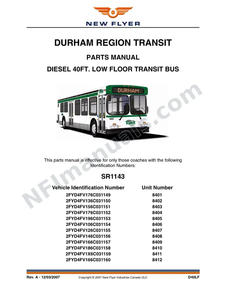 SR1143 Parts Manual, Durham Region Transit first-page preview