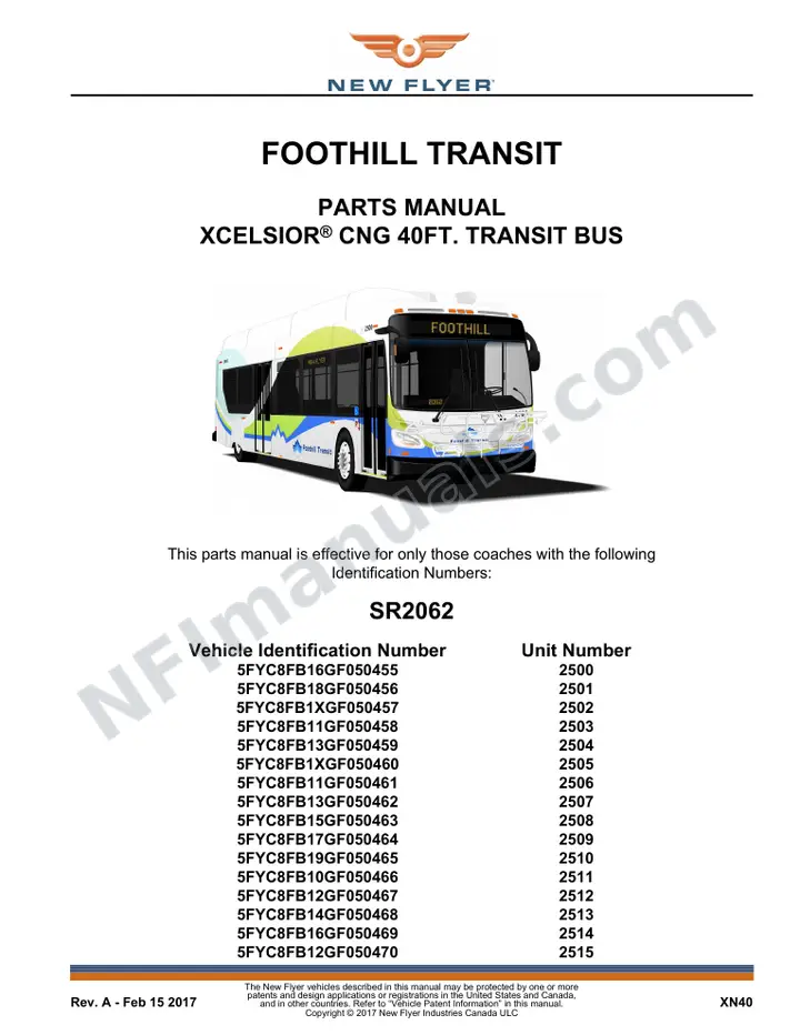 SR2062 Parts Manual, Foothill Transit first-page preview