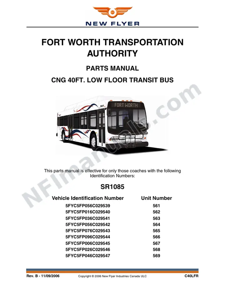 SR1085/1134 Parts Manual, Fort Worth Transportation Authority first-page preview