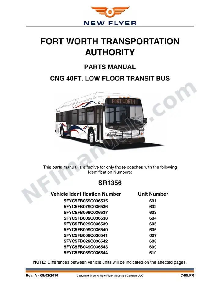 SR1356 Parts Manual, Fort Worth Transportation Authority first-page preview