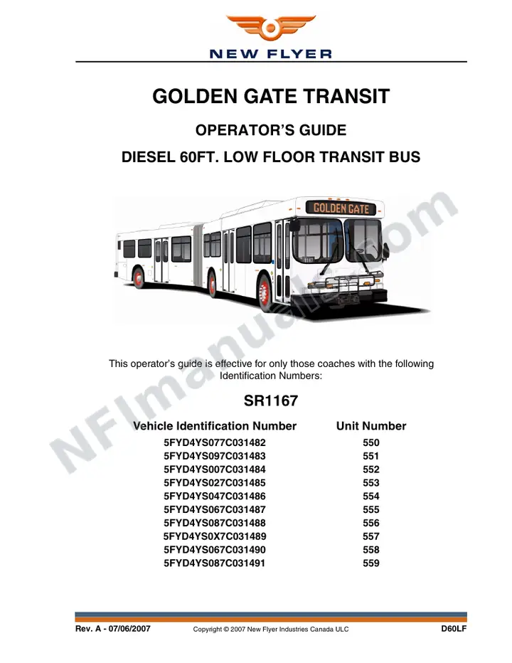 New Flyer D60LF Manual Package - Golden Gate Transit included manual preview