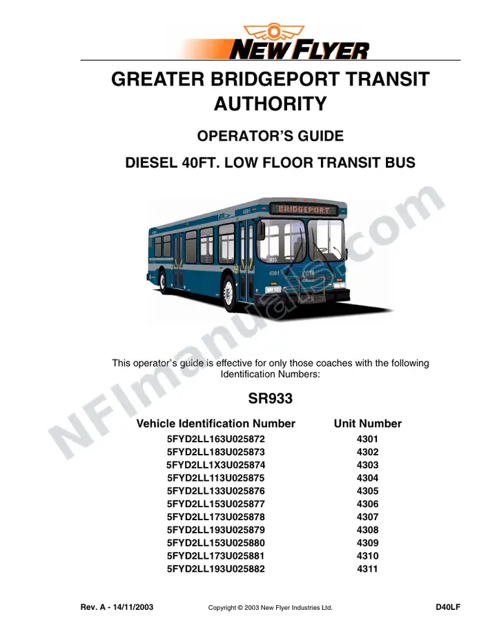 New Flyer D40LF Manual Package - Greater Bridgeport Transit Authority included manual preview