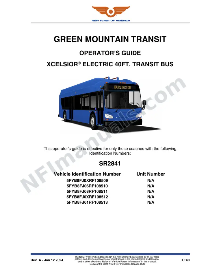 New Flyer XE40 Manual Package - Green Mountain Transit included manual preview