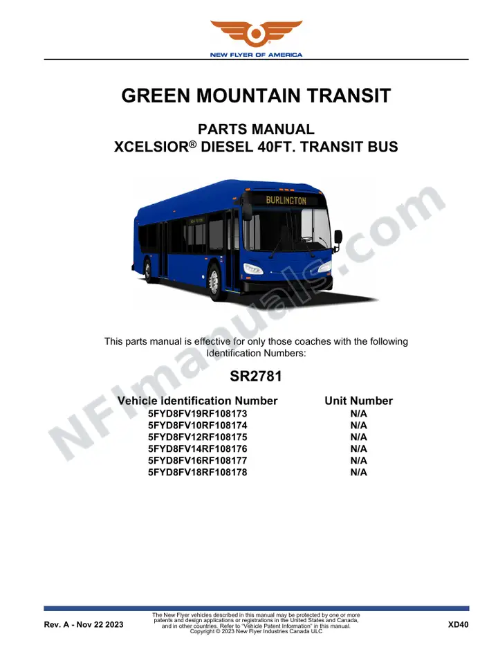 SR2781 Parts Manual, Green Mountain Transit first-page preview