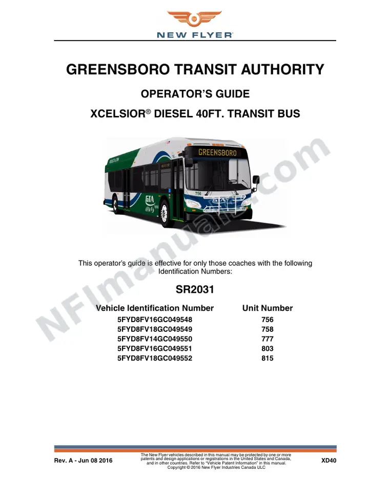 New Flyer XD40 Manual Package - Greensboro Transit Authority included manual preview