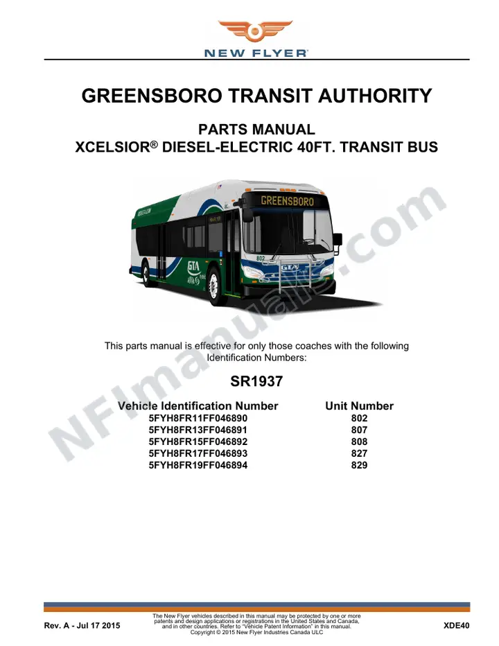 SR1937 Parts Manual, Greensboro Transit Authority first-page preview